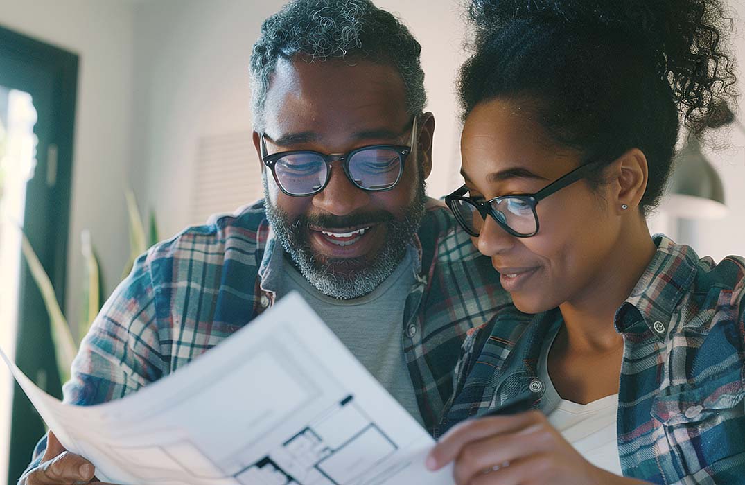 A couple is joyfully engaged in reviewing home plans, envisioning a future together.